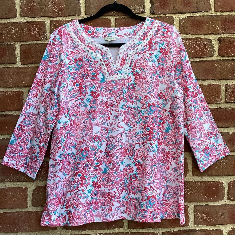Talbots Floral Lace Trim Top Pink Blue 3/4 Sleeve Stretch Womens medium NEW